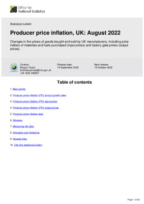 Producer price inflation, UK August 2022