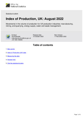 Index of Production, UK August 2022