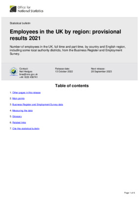 Employees in the UK by region provisional results 2021