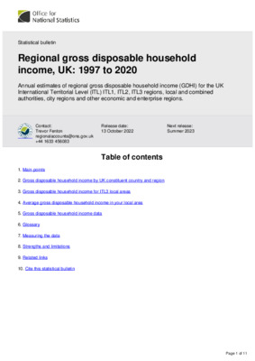 Regional gross disposable household income, UK 1997 to 2020