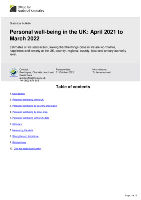 Personal well-being in the UK April 2021 to March 2022