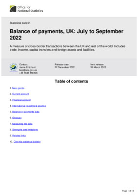 Balance of payments, UK July to September 2022