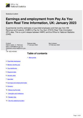 Earnings and employment from Pay As You Earn Real Time Information, UK: January 2023