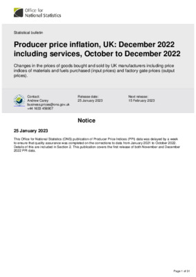 Producer price inflation, UK: December 2022 including services, October to December 2022