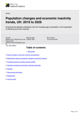 Population changes and economic inactivity trends, UK: 2019 to 2026