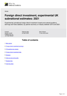 Foreign direct investment, experimental UK subnational estimates: 2021