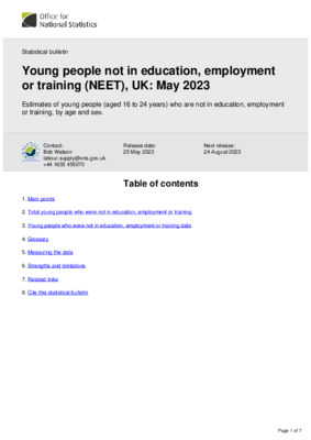 Young people not in education, employment or training (NEET), UK: May 2023