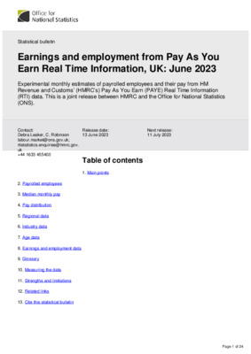 Earnings and employment from Pay As You Earn Real Time Information, UK: June 2023