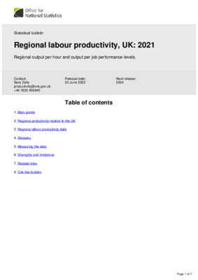 Regional labour productivity, UK: 2021