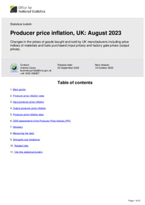 Producer price inflation, UK: August 2023