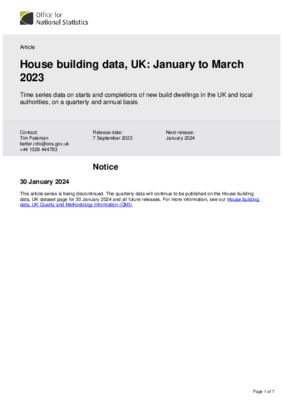 House building data, UK: January to March 2023