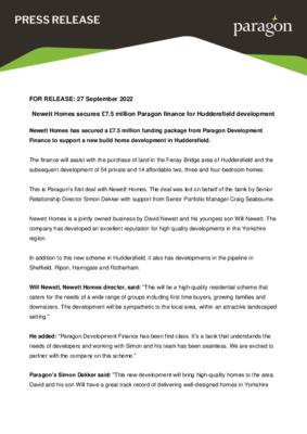 Newett Homes secures £7.5 million Paragon finance for Huddersfield development