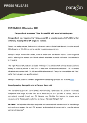 Paragon Bank increases Triple Access ISA with a market-leading rate