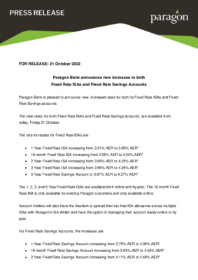 Paragon Bank announces new increases to both  Fixed Rate ISAs and Fixed Rate Savings Accounts