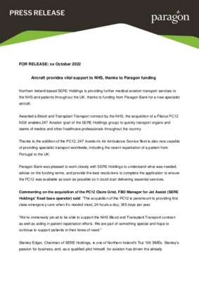 Aircraft provides vital support to NHS, thanks to Paragon funding