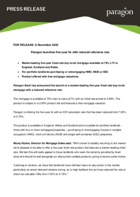 Paragon launches five-year fix with reduced reference rate