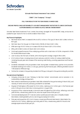 SREIT - Full year results for the year ended 31 March 2022