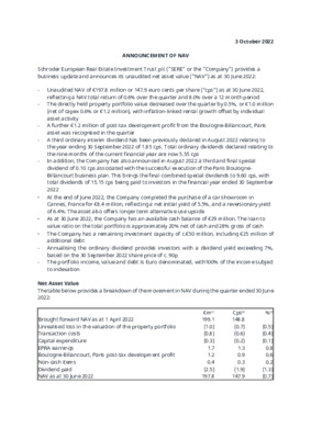 Schroder European Real Estate Investment Trust - Announcement of NAV