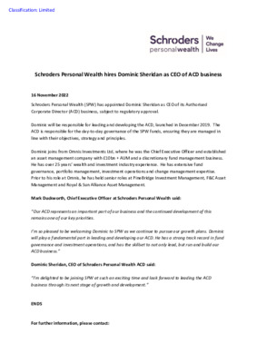 Schroders Personal Wealth hires Dominic Sheridan as CEO of ACD business