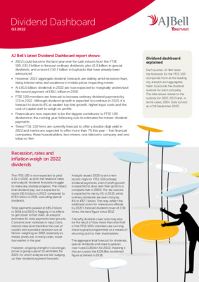 FTSE 100 set for record cash returns to investors but dividend forecasts stall - AJ Bell Dividend Dashboard Q3 2022