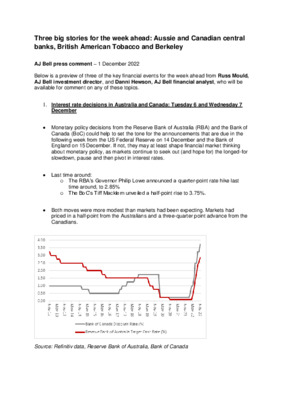 Three big stories for the week ahead: Aussie and Canadian central banks, British American Tobacco and Berkeley