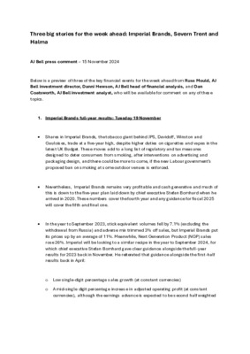 Three big stories for the week ahead: Imperial Brands, Severn Trent and Halma