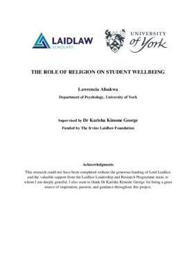 Laidlaw Research Essay: The role of religion on student wellbeing