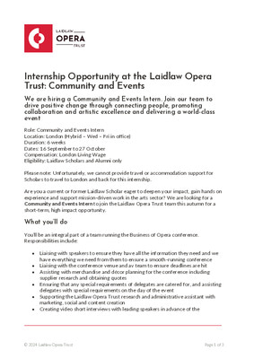 Hiring: Community & Events Intern at the Laidlaw Opera Trust