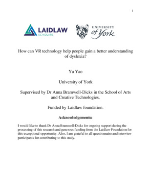 Literature Review of How VR technology help people gain understanding about dyslexia - Yu Yao