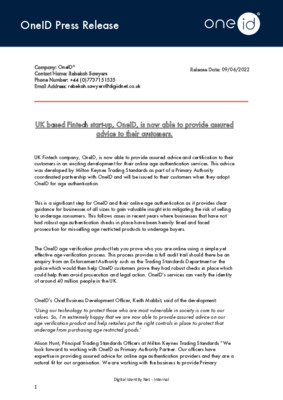 UK based Fintech start-up, OneID, is now able to provide assured advice to their customers