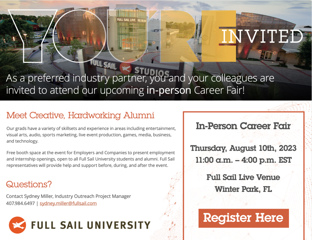 Upcoming Full Sail University Virtual & On Campus Hiring Events