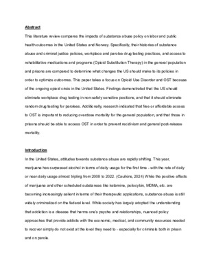 Research Paper: Comparing Impacts of Substance Abuse Policy on Labor and Public Health Outcomes in the US and Norway