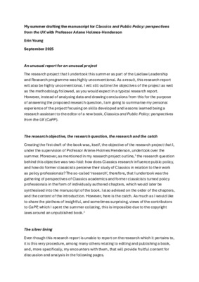Research report: My summer drafting the manuscript for 'Classics and Public Policy: perspectives from the UK' with Professor Arlene Holmes-Henderson