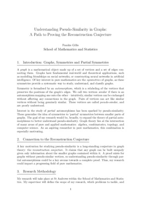 Research Proposal: Understanding Pseudo-similarity in Graphs: a Path to Proving the Reconstruction Conjecture