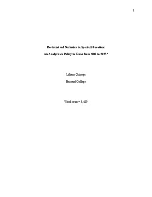 Restraint and Seclusion in Special Education: An Analysis on Policy in Texas from 2001 to 2025