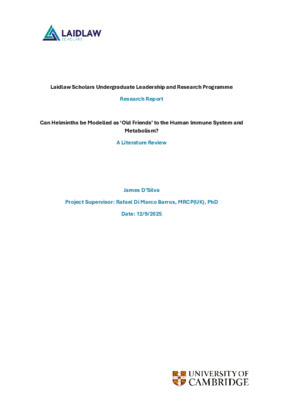 Research Report: Can Helminths be Considered 'Old Friends' to the Human Immune System and Metabolism?