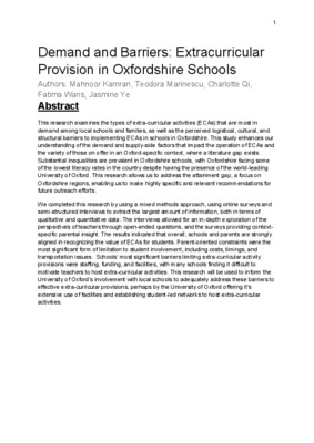 Demand and Barriers: Extracurricular Provision in Oxfordshire Schools
