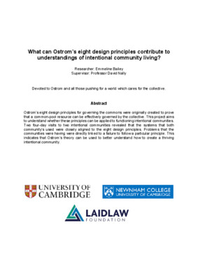 What can Ostrom’s eight design principles contribute to understandings of intentional community living? Laidlaw research essay. Emmeline Bailey. 