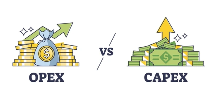 OPEX vs CAPEX illustration: Coins, a bag, and green arrow for OPEX; bills and yellow arrow for CAPEX, emphasizing financial growth.
