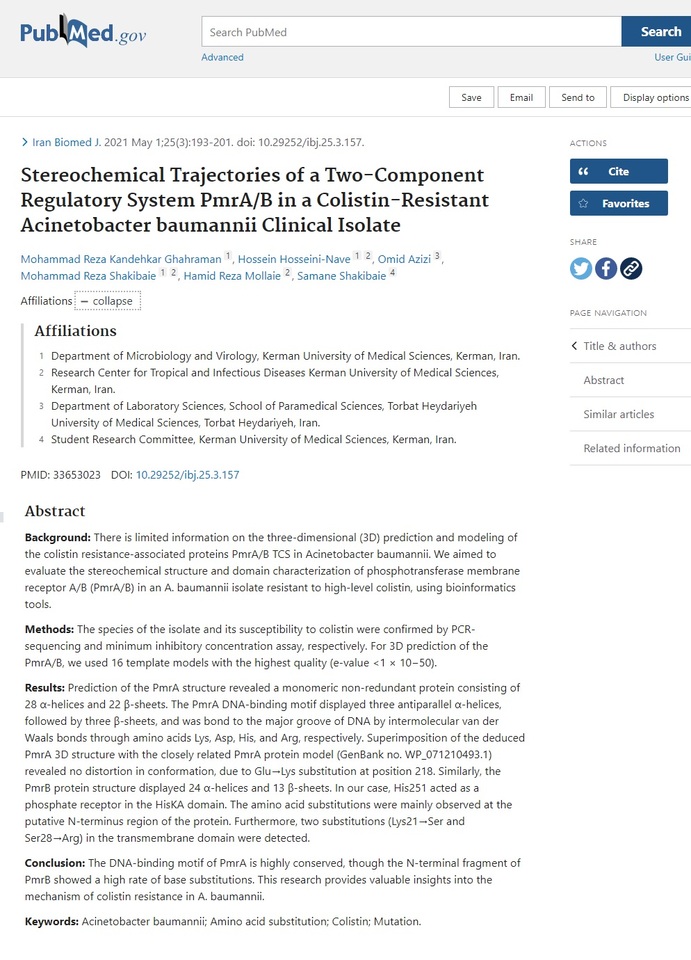 Stereochemical Trajectories of a Two-Component  Regulatory System PmrA/B in a Colistin-Resistant  Acinetobacter baumannii Clinical Isolate