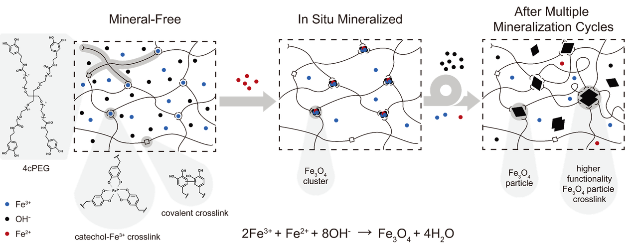 In situ mechanical reinforcement of polymer hydrogels via metal-coordinated crosslink mineralization