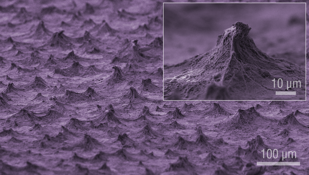 Versatile self-assembled electrospun micropyramid arrays for high-performance on-skin devices with minimal sensory interference