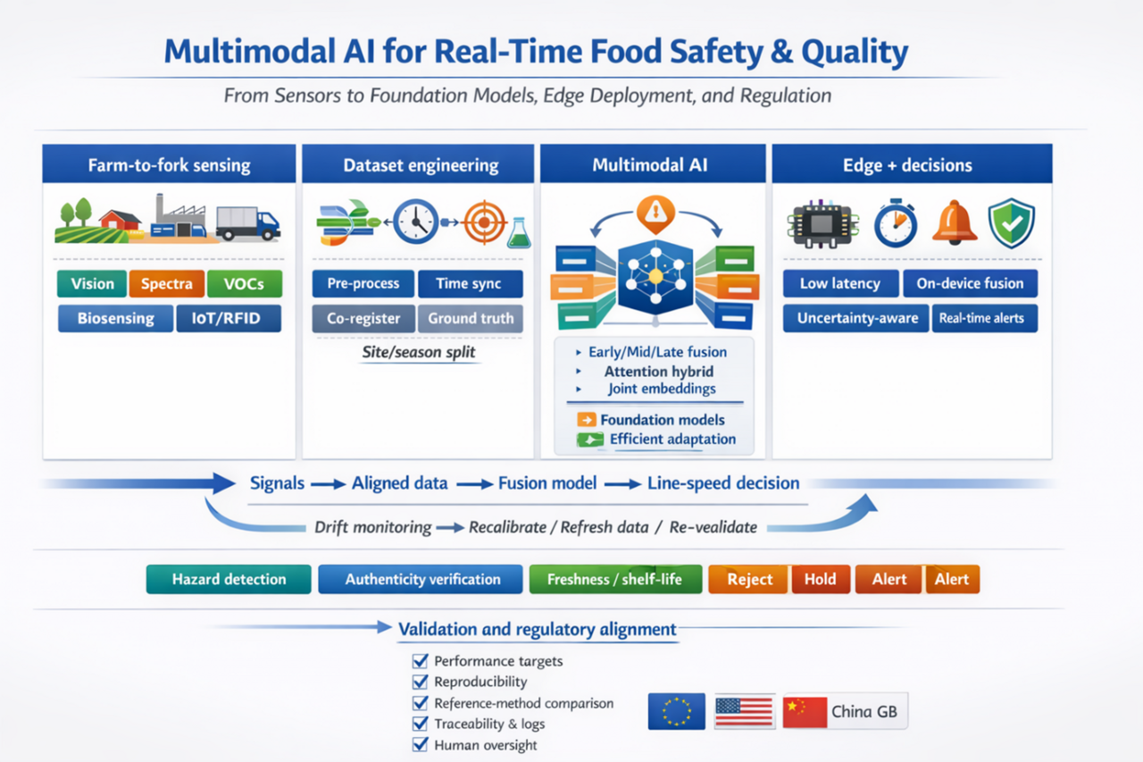 Multimodal AI for Real‐Time Food Safety and Quality: From Sensors to Foundation Models, Edge Deployment, and Regulation